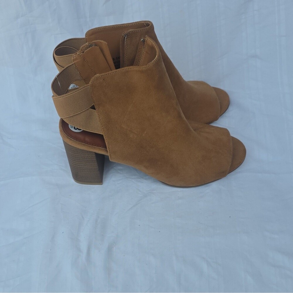 MIA Brown Suede Open Toe Booties Zip Closure Zipper Accent Ankle Strap 8.5